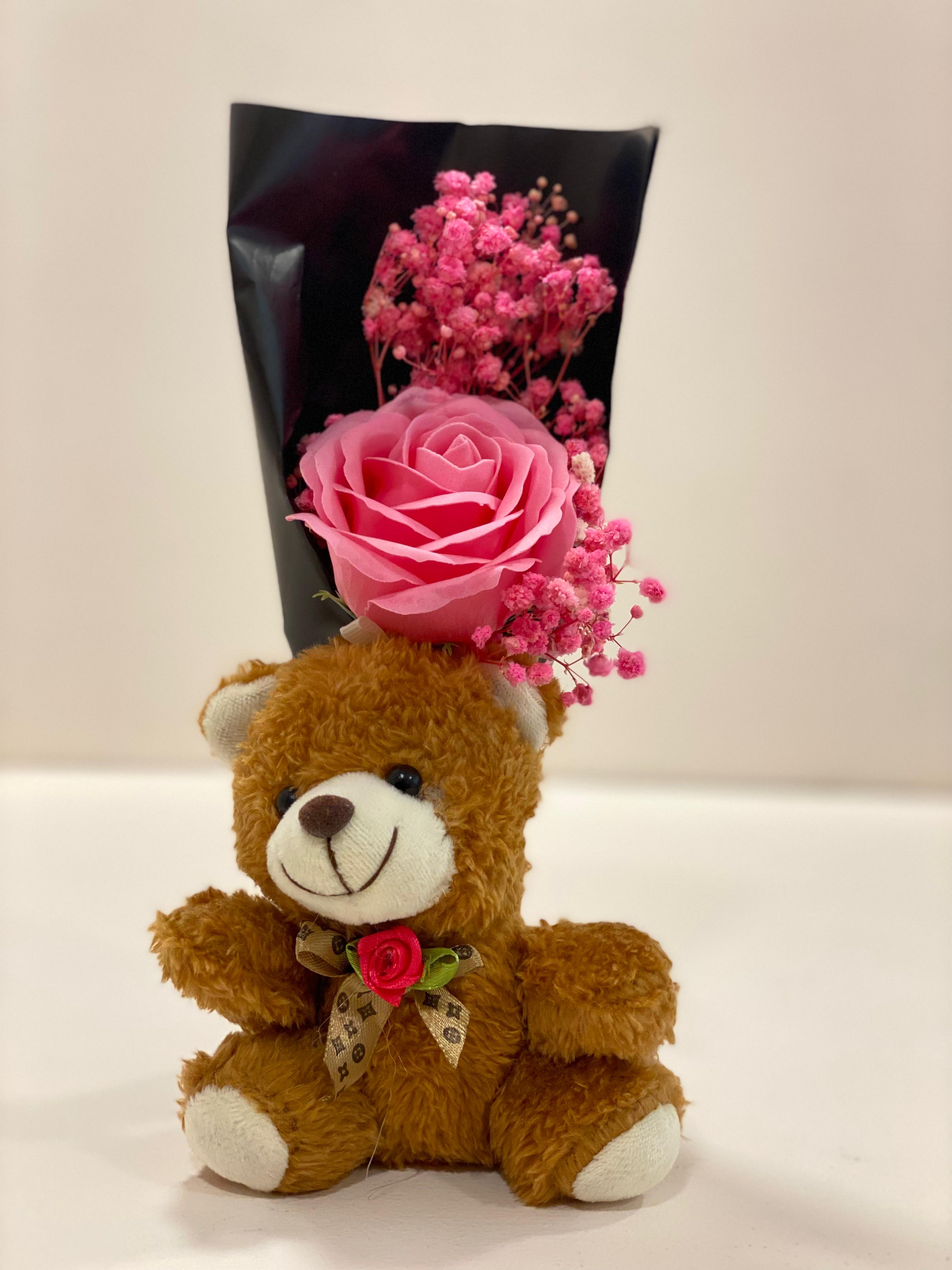 Teddy Bear Flower Bouquet Gift with Handle Display Box | Cute Plush Bear Artificial Rose Bouquet | Ready-to-Gift Romantic Keepsake