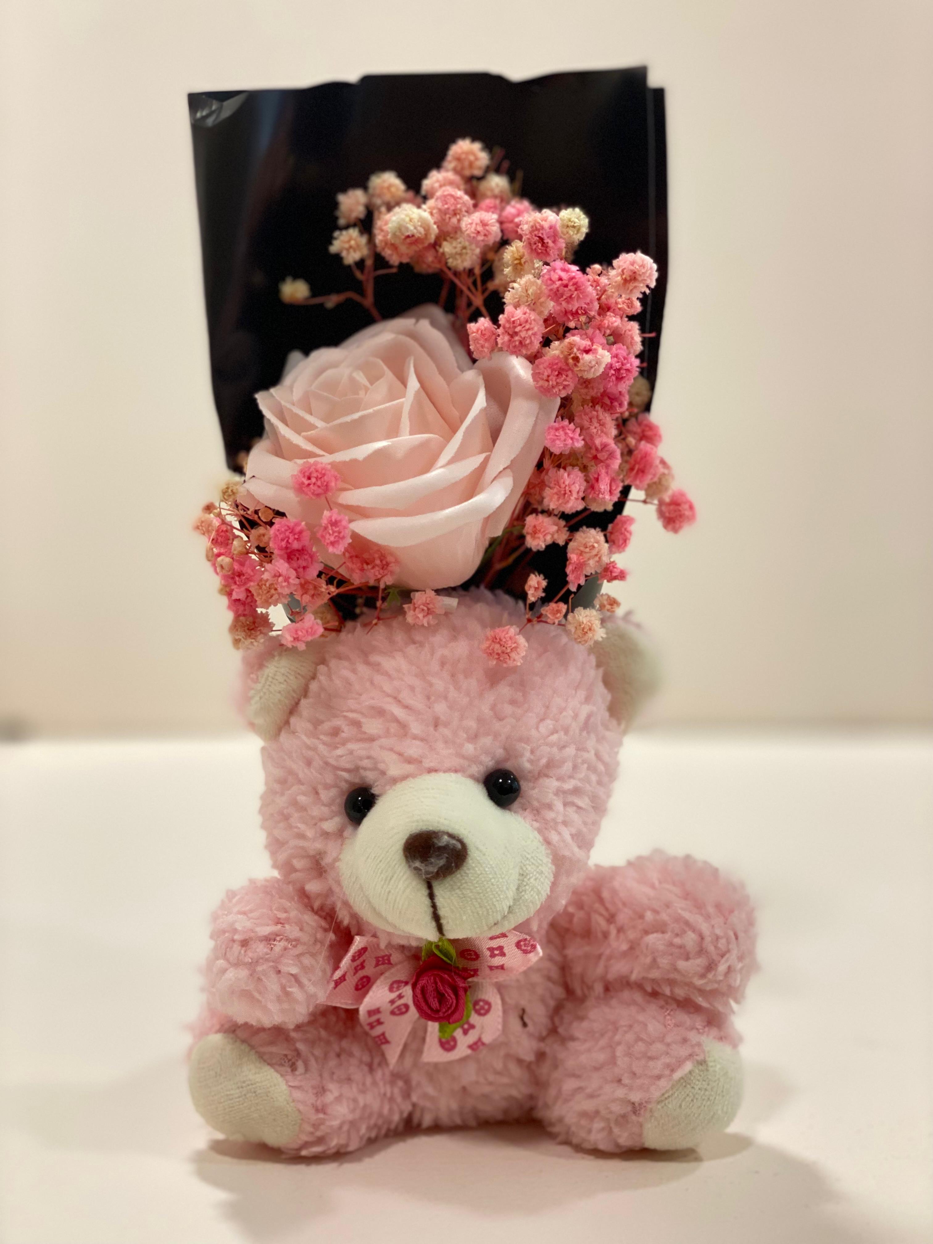 Teddy Bear Flower Bouquet Gift with Handle Display Box | Cute Plush Bear Artificial Rose Bouquet | Ready-to-Gift Romantic Keepsake