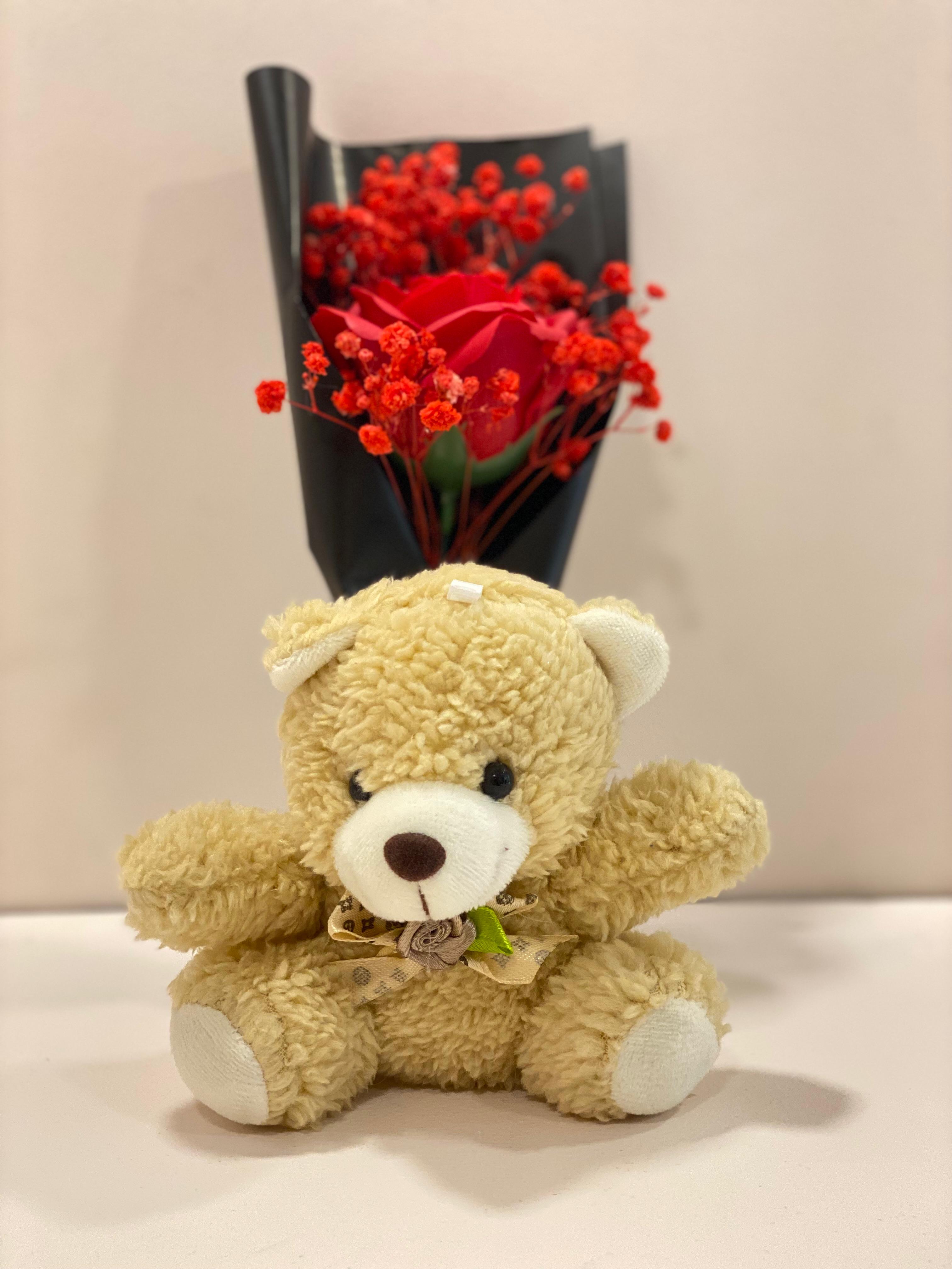 Teddy Bear Flower Bouquet Gift with Handle Display Box | Cute Plush Bear Artificial Rose Bouquet | Ready-to-Gift Romantic Keepsake