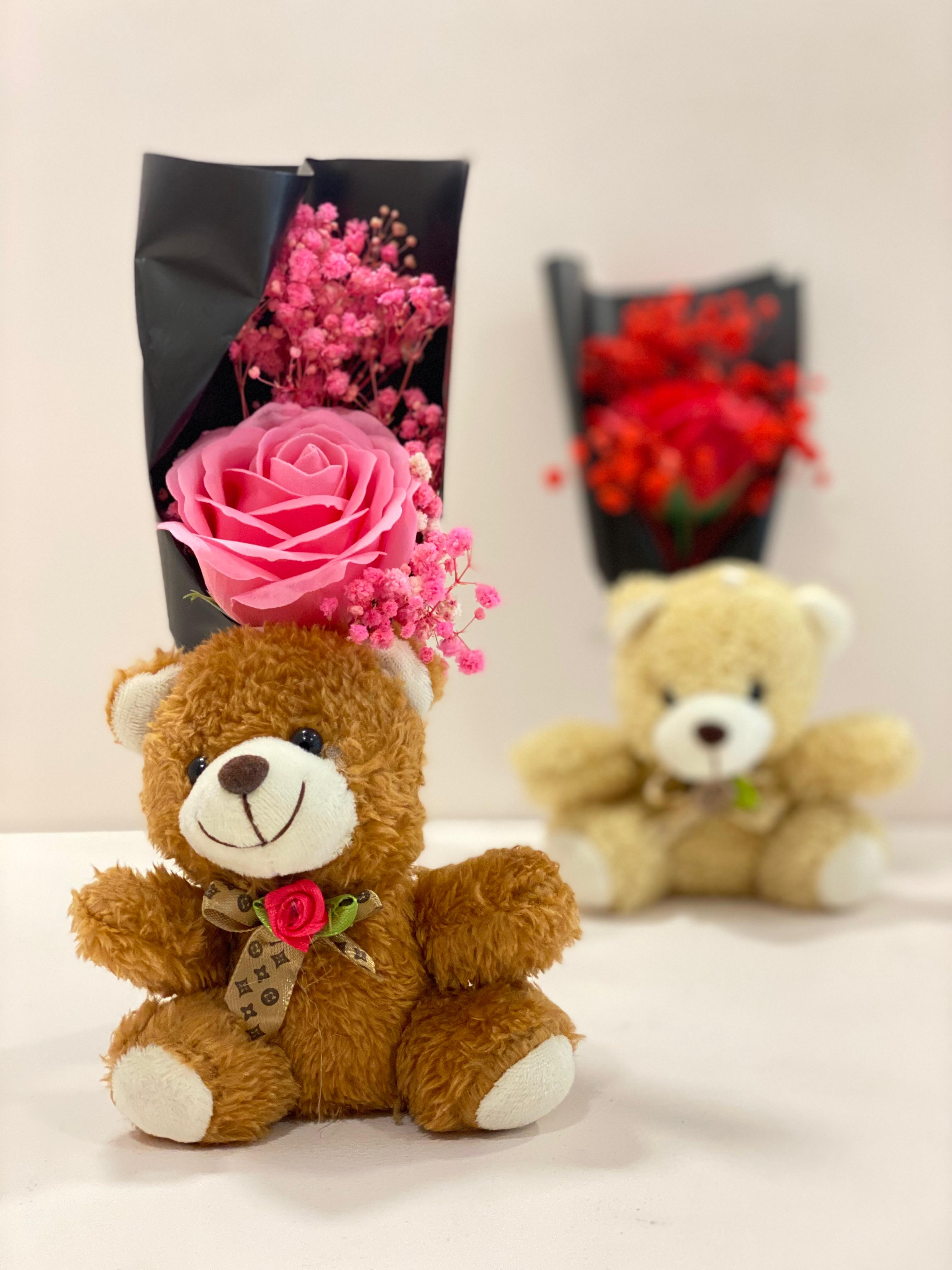 Teddy Bear Flower Bouquet Gift with Handle Display Box | Cute Plush Bear Artificial Rose Bouquet | Ready-to-Gift Romantic Keepsake