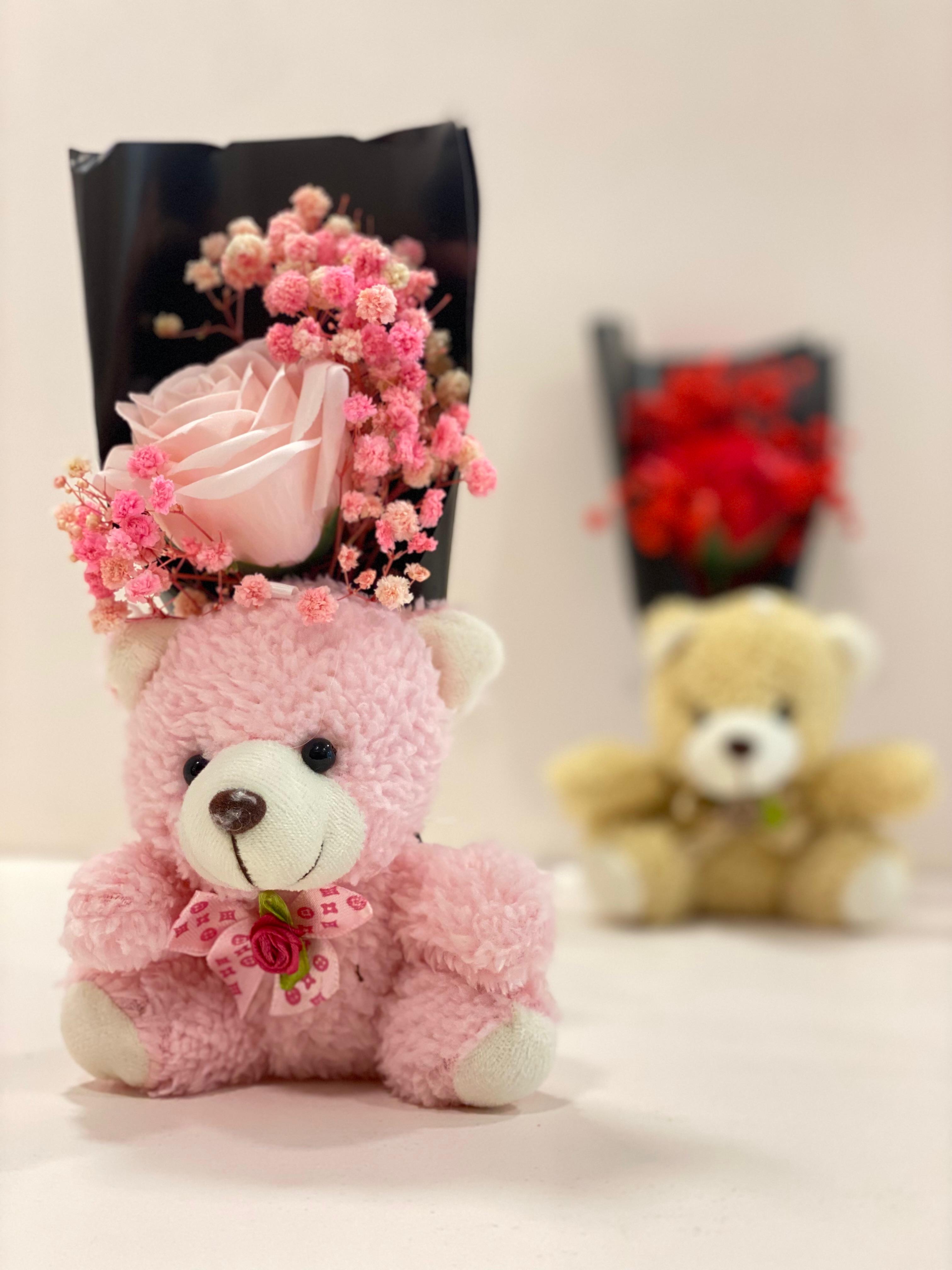 Teddy Bear Flower Bouquet Gift with Handle Display Box | Cute Plush Bear Artificial Rose Bouquet | Ready-to-Gift Romantic Keepsake