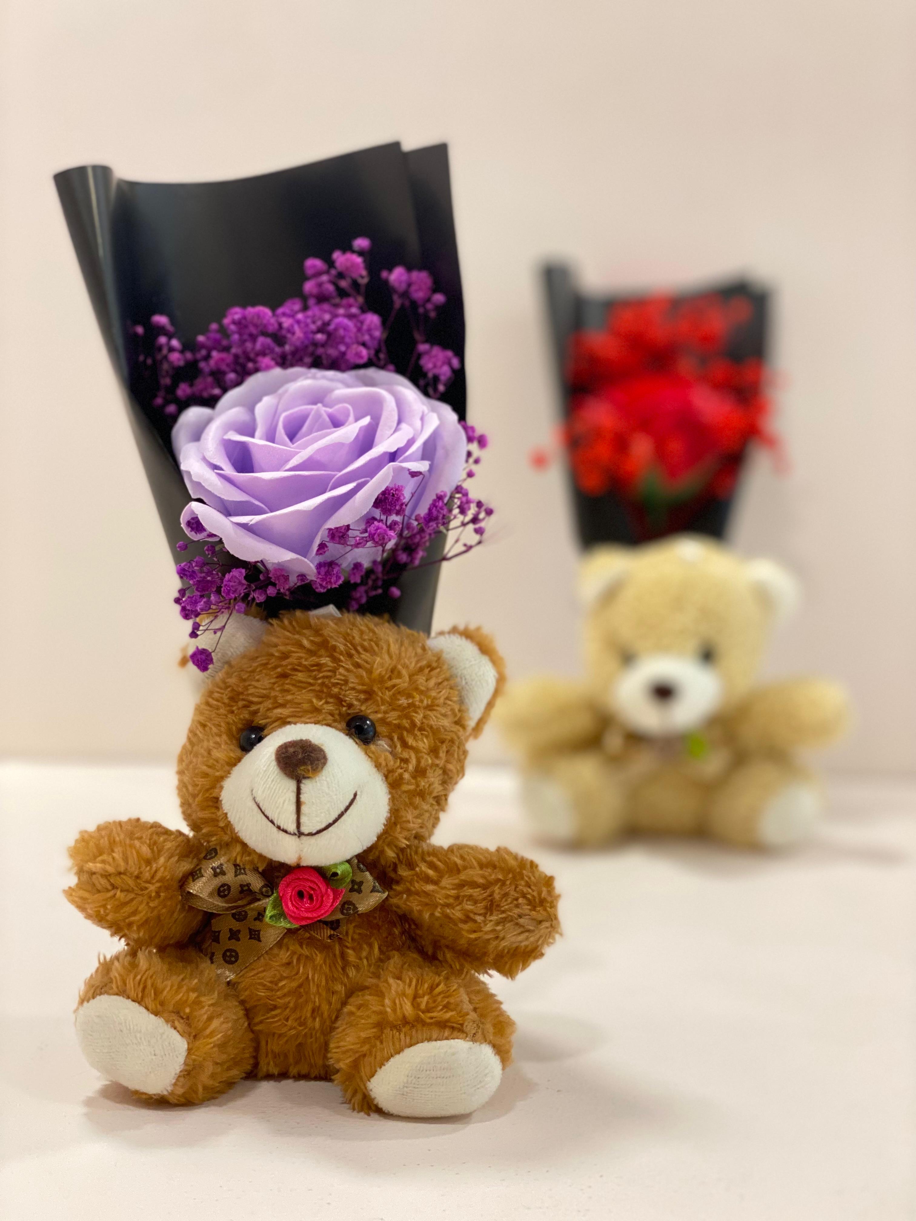 Teddy Bear Flower Bouquet Gift with Handle Display Box | Cute Plush Bear Artificial Rose Bouquet | Ready-to-Gift Romantic Keepsake