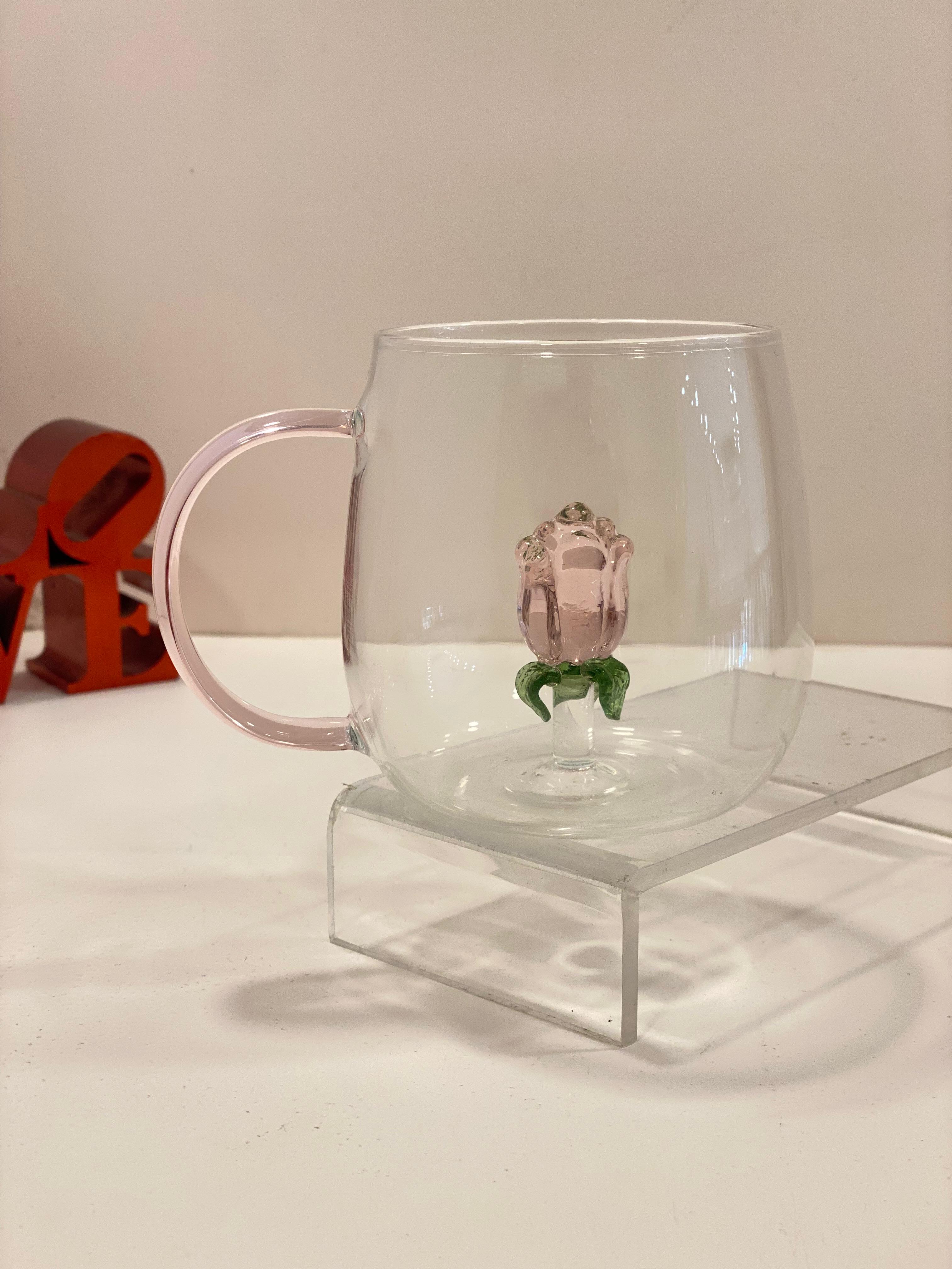 Handmade Rose Glass Mug – Transparent Glass Coffee Cup with 3D Flower Design | Aesthetic Tea & Coffee Mug