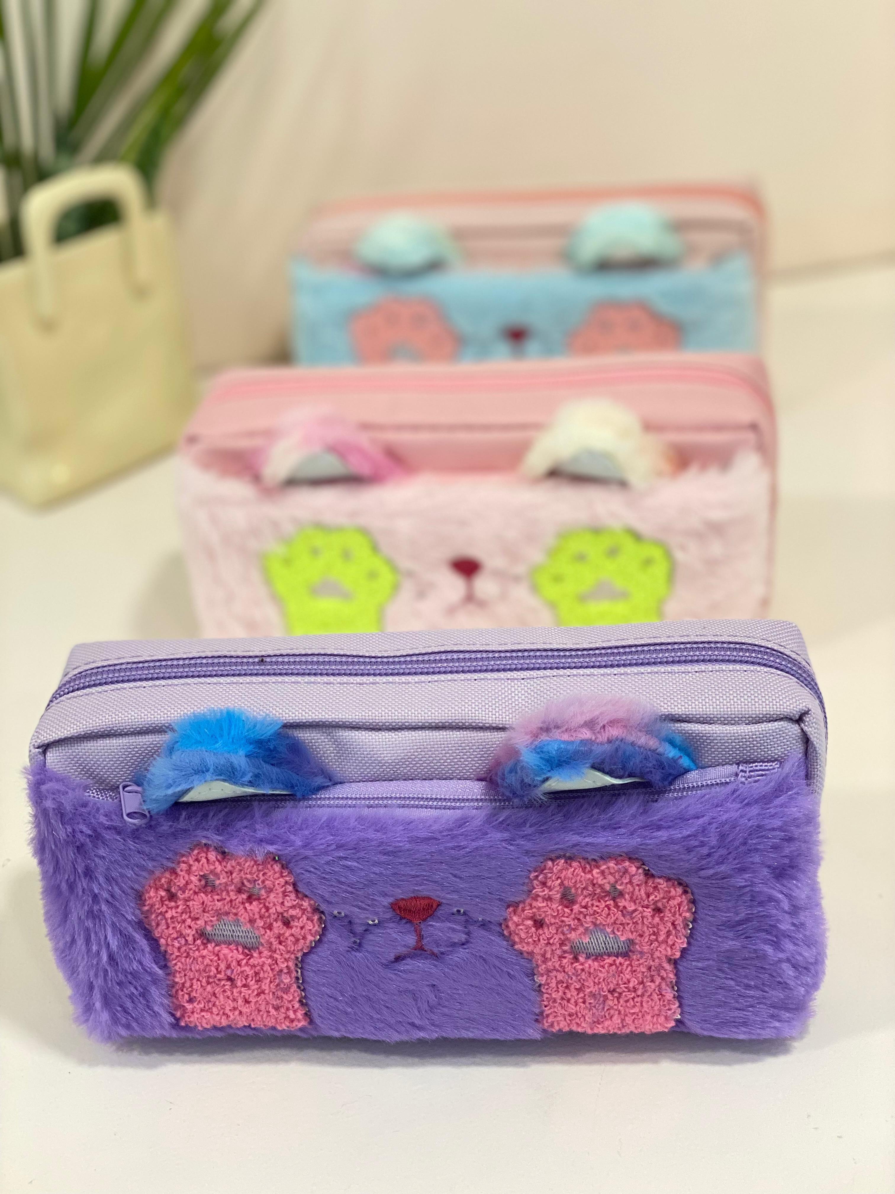 Kawaii Fuzzy Cat Paw Dual-Compartment Pencil Case