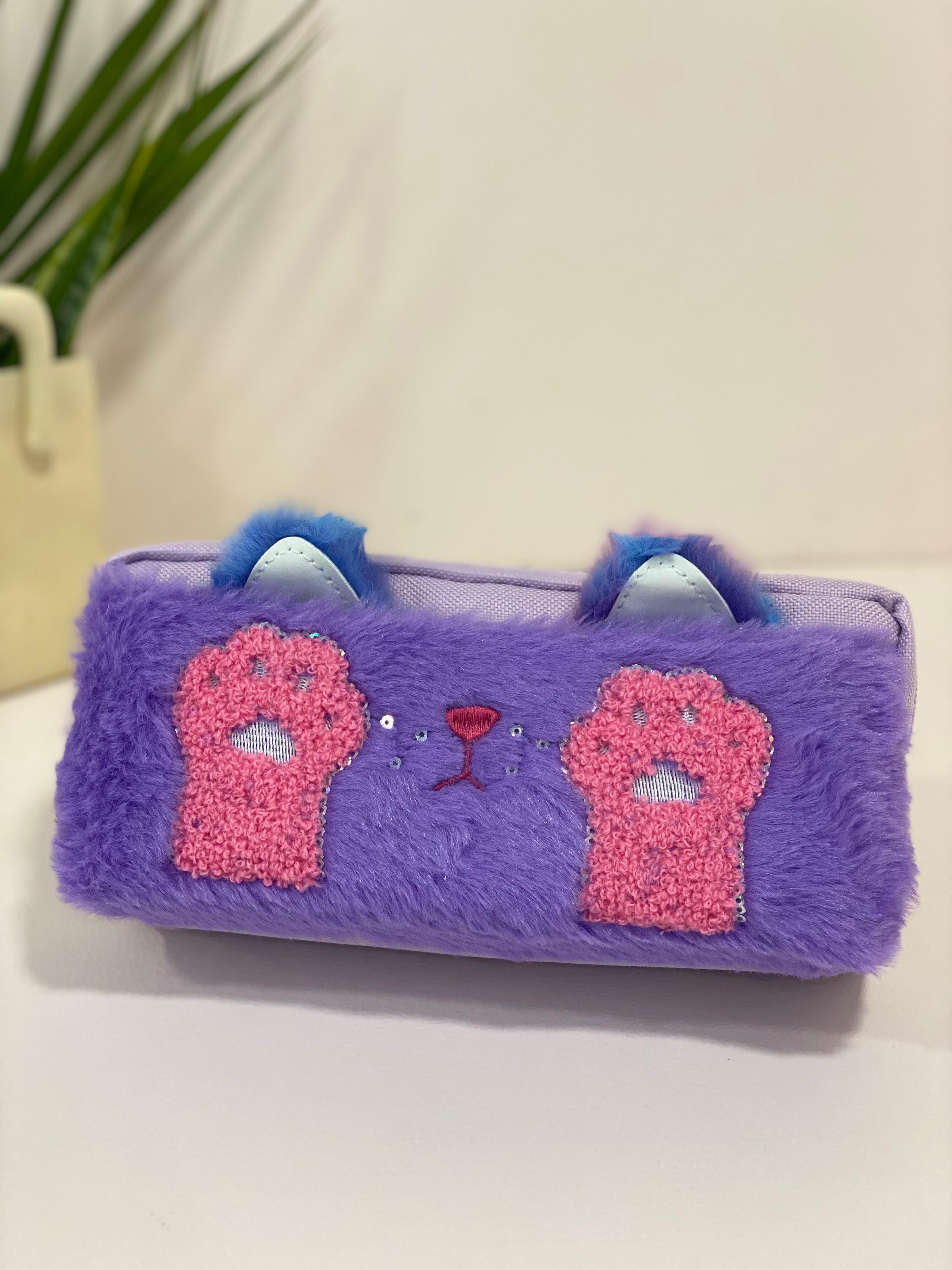 Kawaii Fuzzy Cat Paw Dual-Compartment Pencil Case