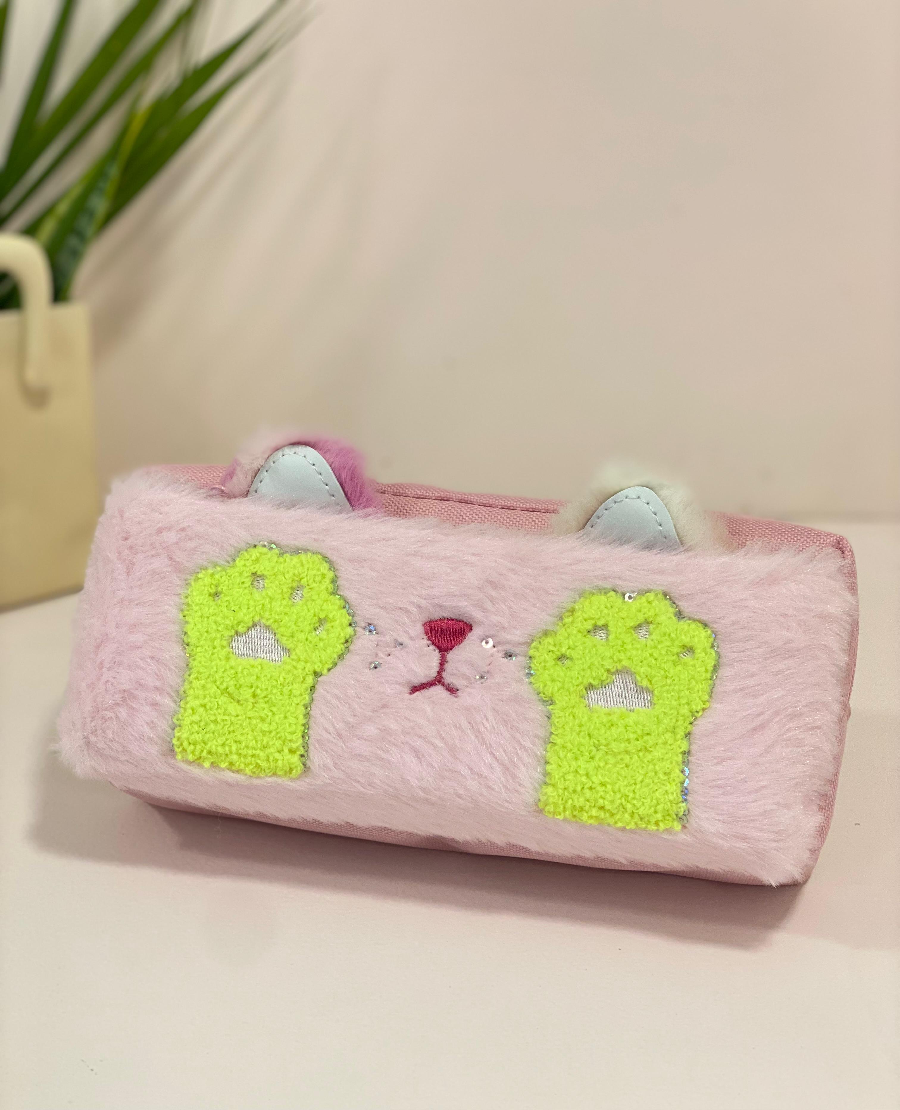 Kawaii Fuzzy Cat Paw Dual-Compartment Pencil Case