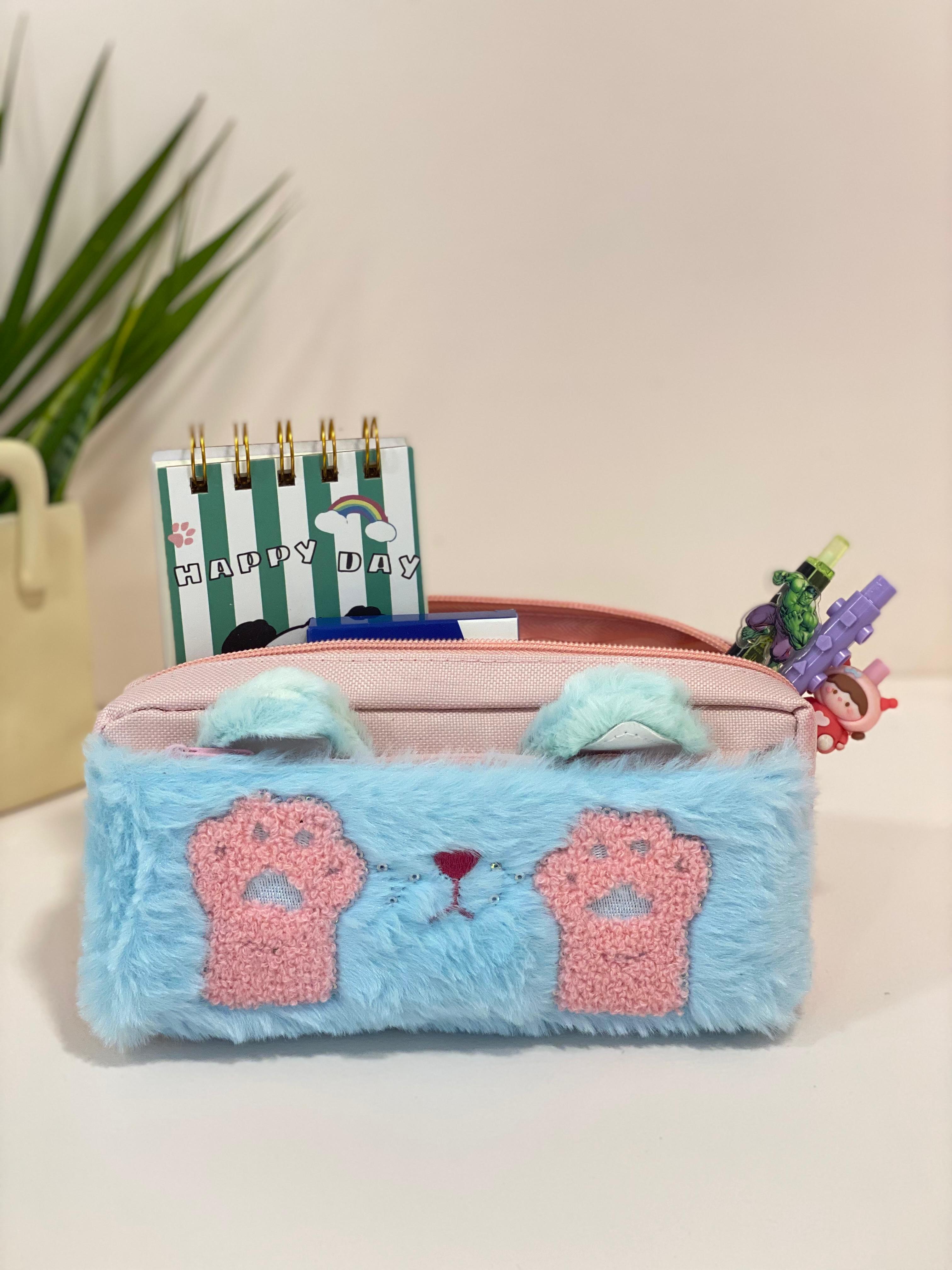 Kawaii Fuzzy Cat Paw Dual-Compartment Pencil Case