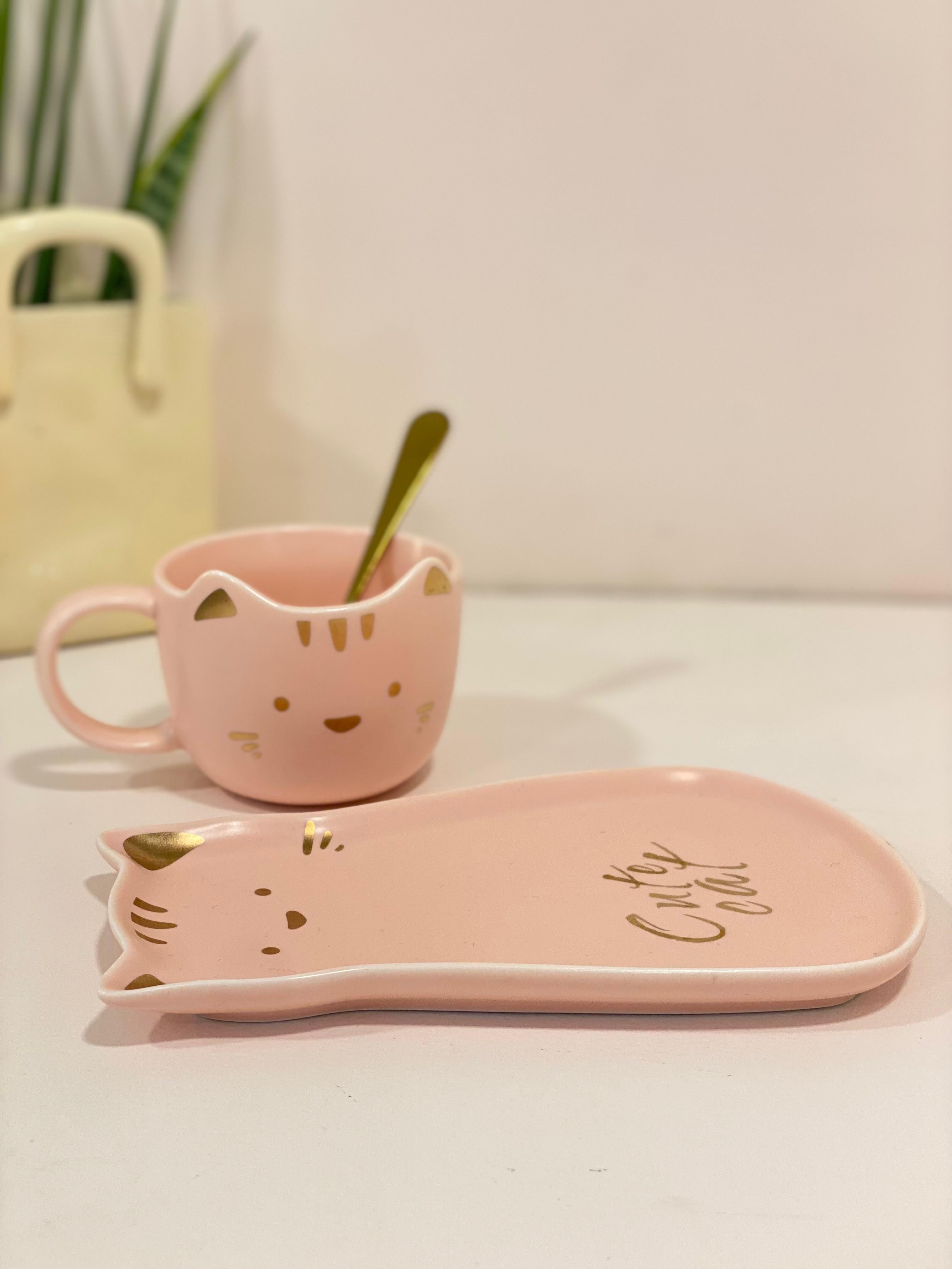 Kawaii Ceramic Cat Coffee Mug &amp; Saucer Set