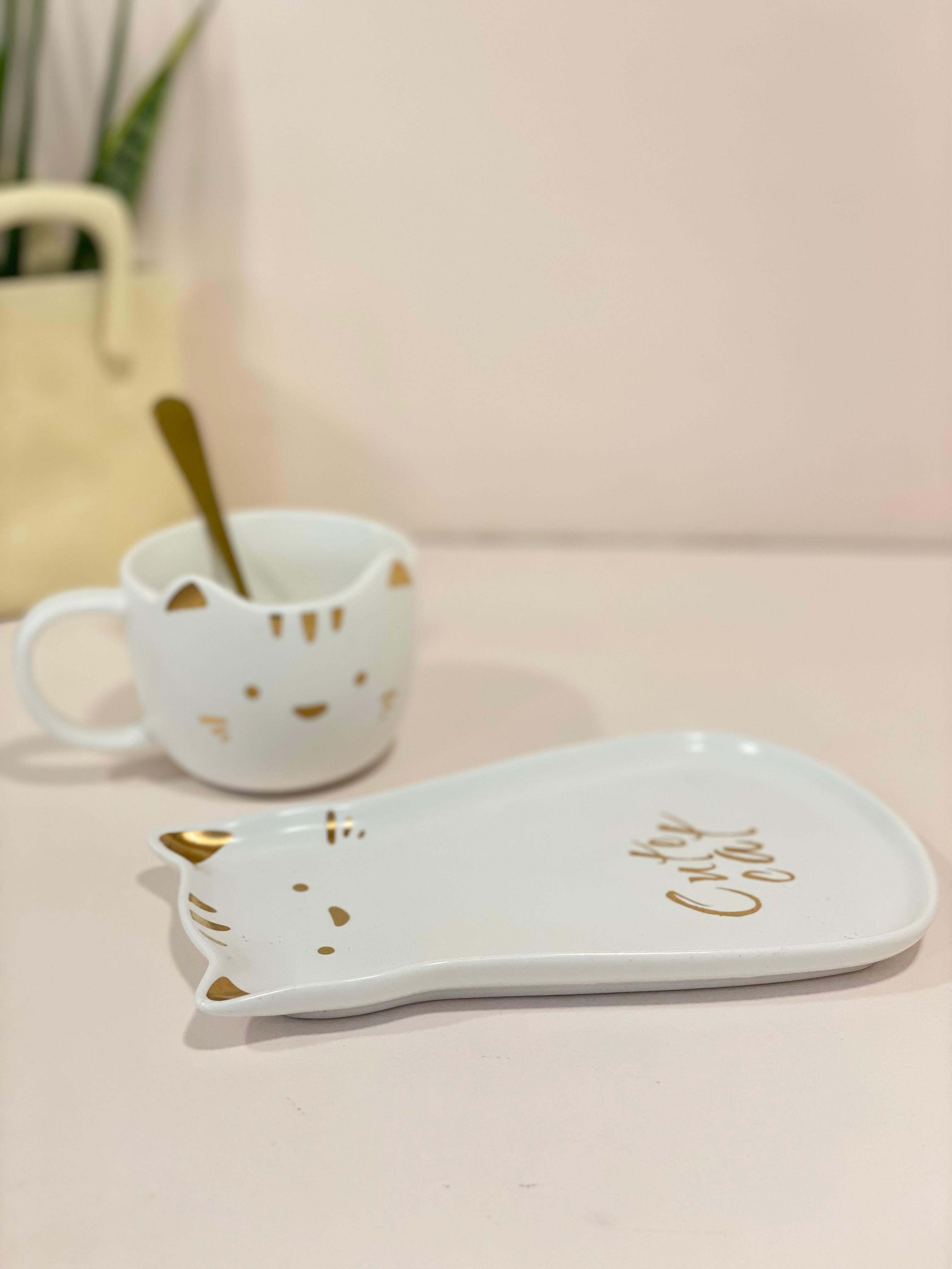 Kawaii Ceramic Cat Coffee Mug &amp; Saucer Set