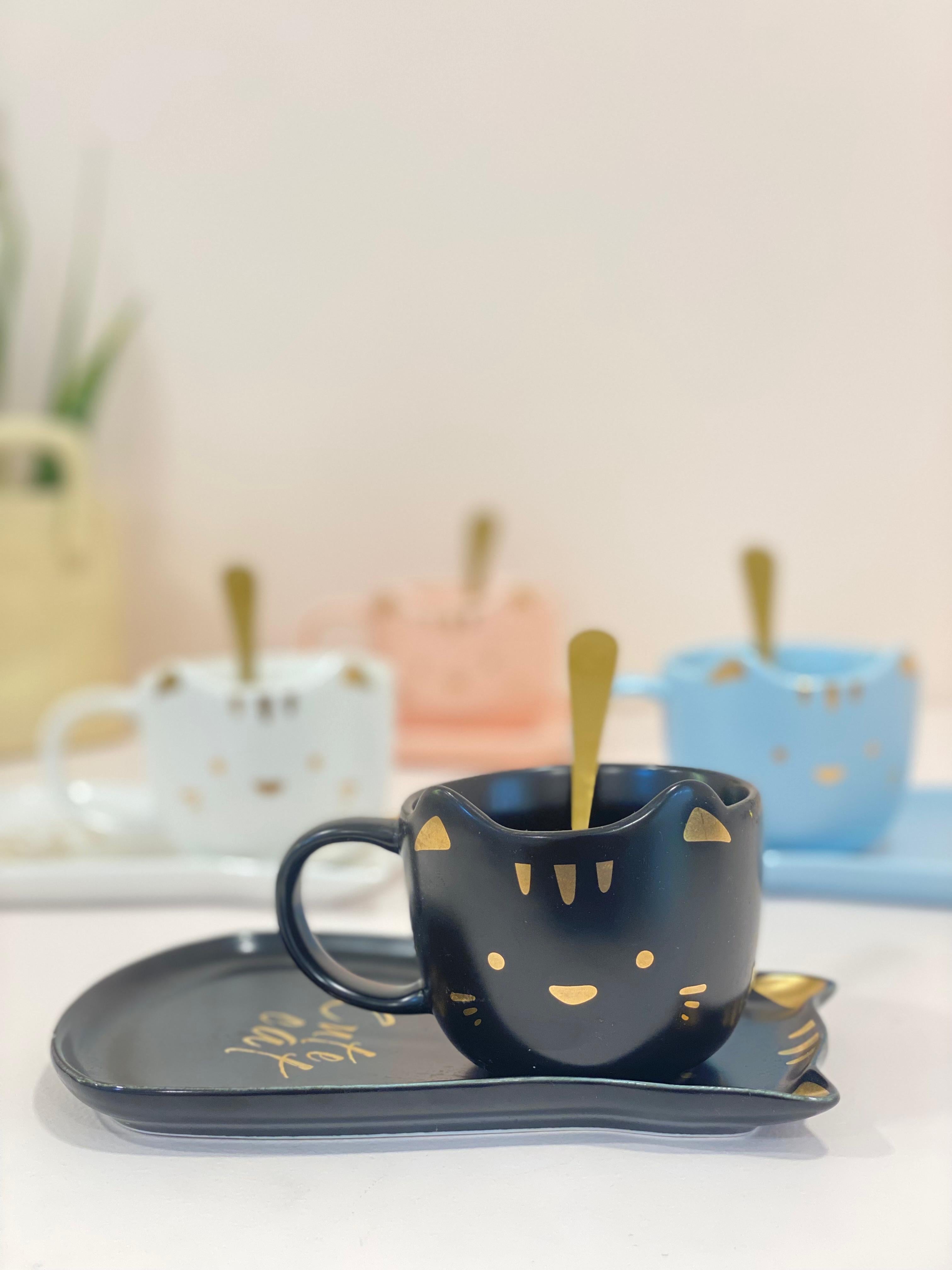 Kawaii Ceramic Cat Coffee Mug &amp; Saucer Set