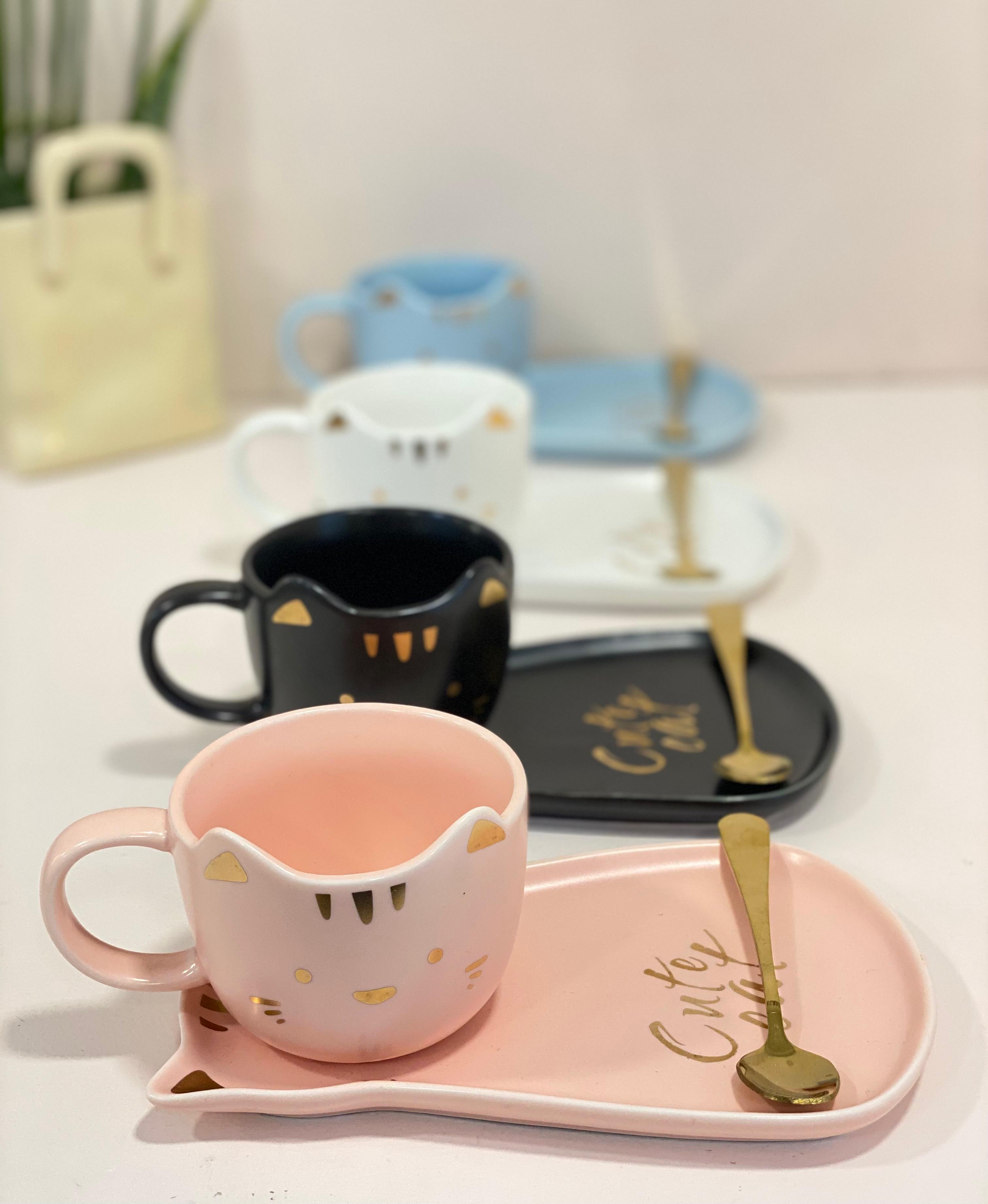 Kawaii Ceramic Cat Coffee Mug &amp; Saucer Set