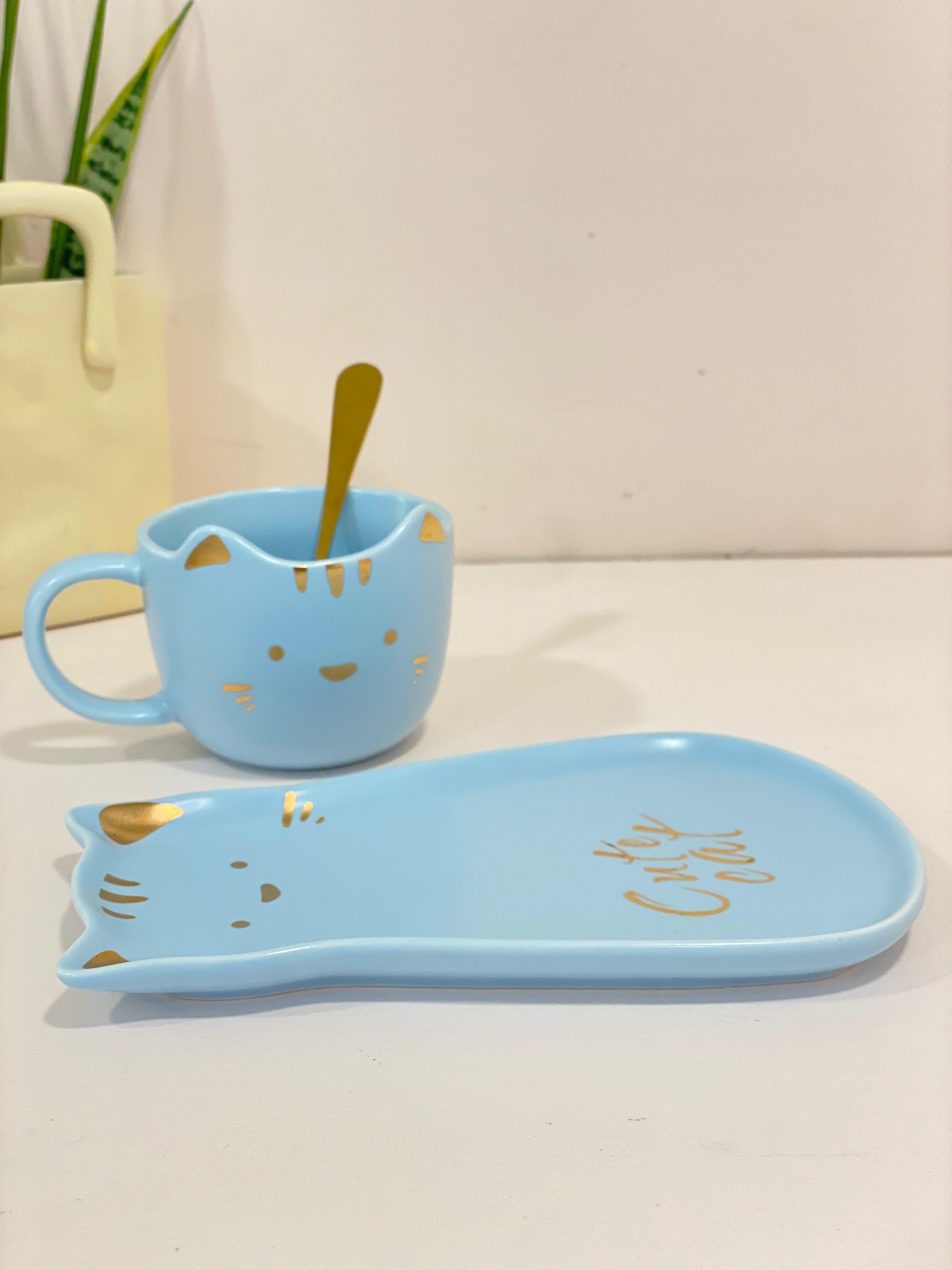 Kawaii Ceramic Cat Coffee Mug &amp; Saucer Set