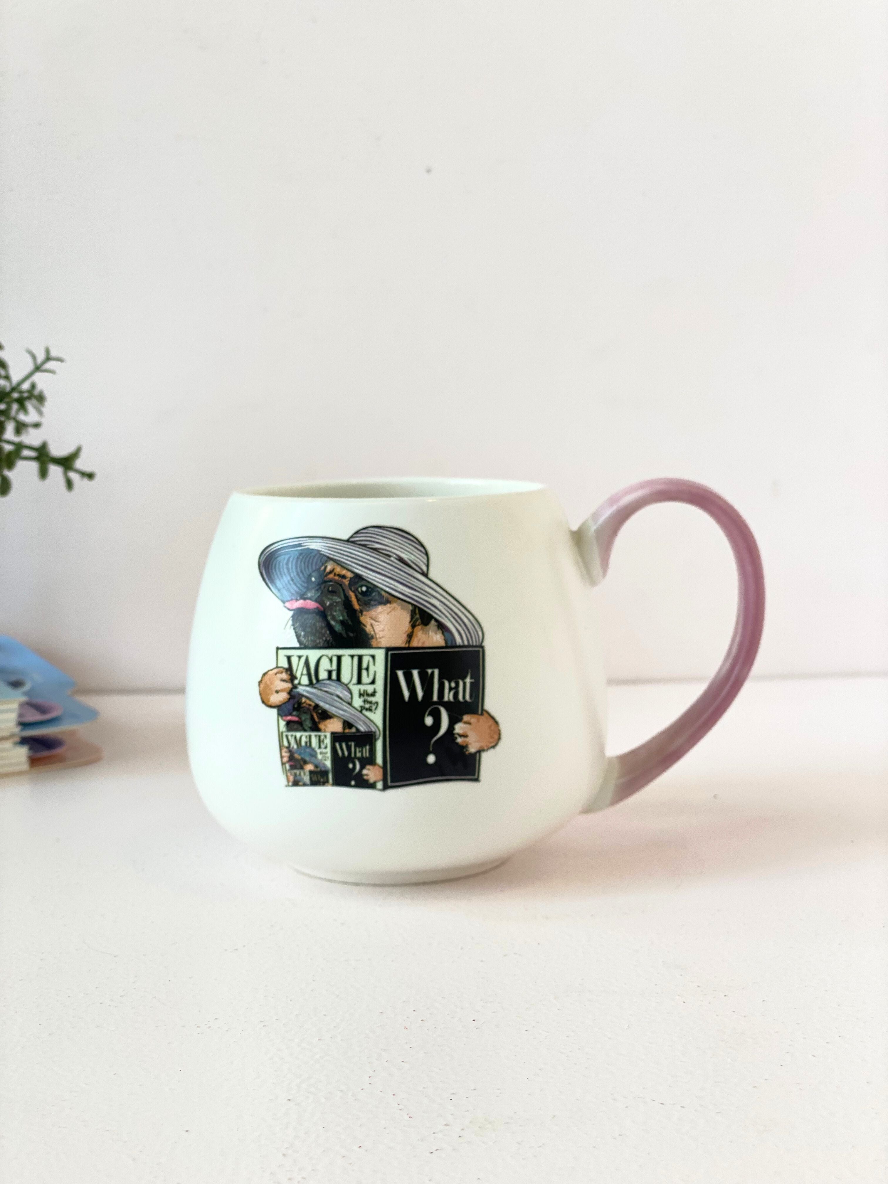 Vogue-Inspired Dog Print Ceramic Mug – Quirky Coffee Cup with Pink Handle
