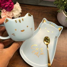 Load image into Gallery viewer, Cute Golden Kitty Mug with Spoon &amp; Plate- Clearance Sale

