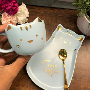 Cute Golden Kitty Mug with Spoon & Plate- Clearance Sale